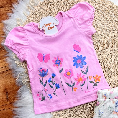 Conj. Blusa Jardim com Borboletas e Short Floral - Rosa